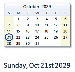 October 21, 2029 calendar