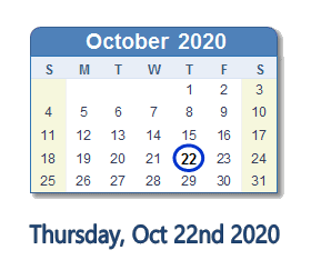 October 22, 2020 calendar