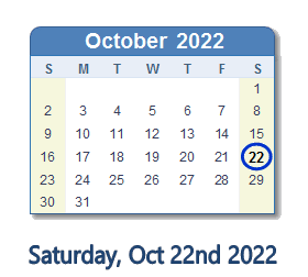 22 October 2022 calendar