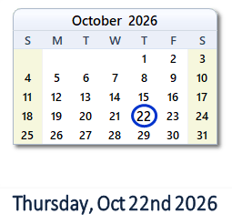 22 October 2026 calendar