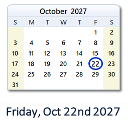 October 22, 2027 calendar