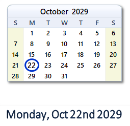 October 22, 2029 calendar