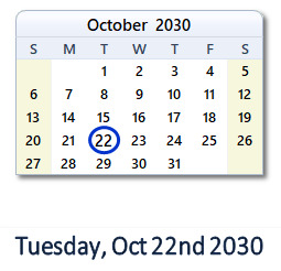 October 22, 2030 calendar