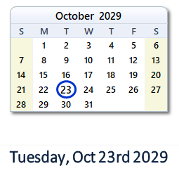 October 23, 2029 calendar