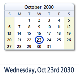 October 23, 2030 calendar