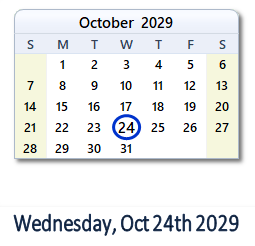 October 24, 2029 calendar