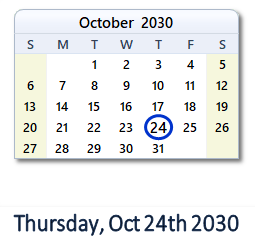 October 24, 2030 calendar