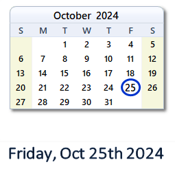 October 25, 2024 calendar