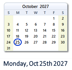 October 25, 2027 calendar