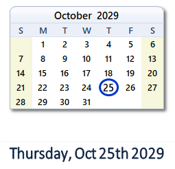 October 25, 2029 calendar