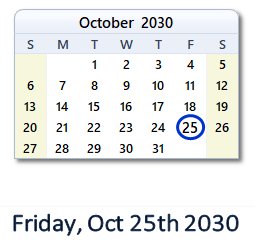October 25, 2030 calendar