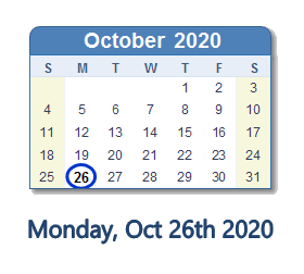 October 26, 2020 calendar