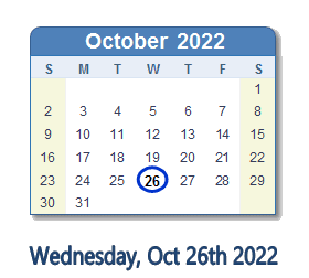 October 26, 2022 calendar