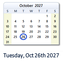 October 26, 2027 calendar