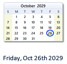 October 26, 2029 calendar