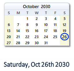 October 26, 2030 calendar