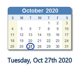 October 27, 2020 calendar