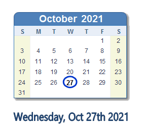 October 27, 2021 calendar