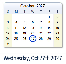 October 27, 2027 calendar