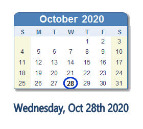 October 28, 2020 calendar