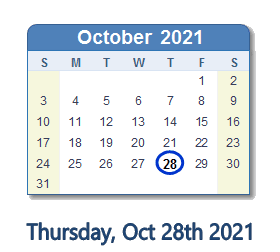 October 28, 2021 calendar