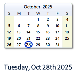 28 October 2025 calendar