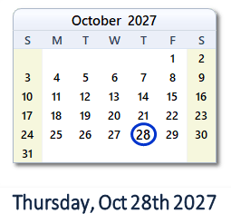 October 28, 2027 calendar