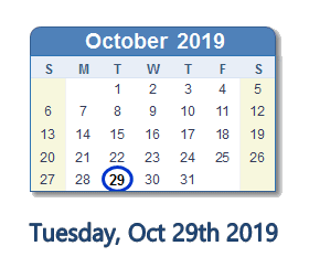 October 29, 2019 calendar