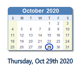 October 29, 2020 calendar