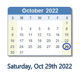 29 October 2022 calendar