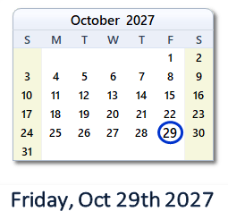 October 29, 2027 calendar