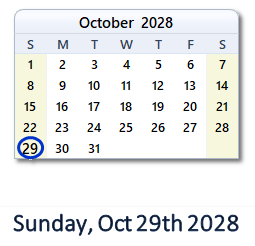 October 29, 2028 calendar
