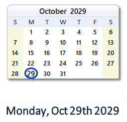 October 29, 2029 calendar