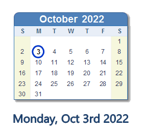 October 3, 2022 calendar
