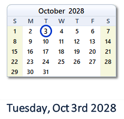 October 3, 2028 calendar