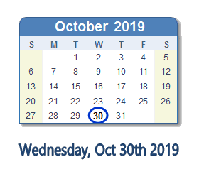 October 30, 2019 calendar