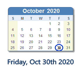 October 30, 2020 calendar