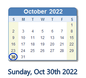 October 30, 2022 calendar