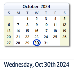 30 October 2024 calendar