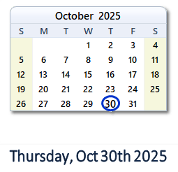 30 October 2025 calendar