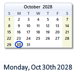 October 30, 2028 calendar