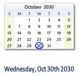 October 30, 2030 calendar