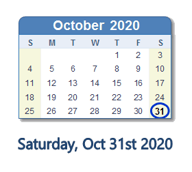 October 31, 2020 calendar