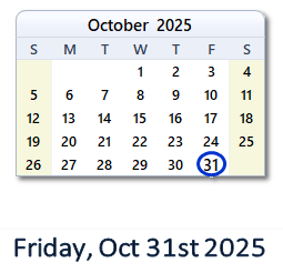 October 31, 2025 calendar