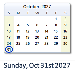 31 October 2027 calendar