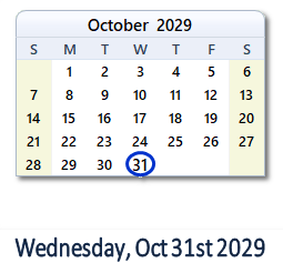 October 31, 2029 calendar
