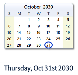 October 31, 2030 calendar