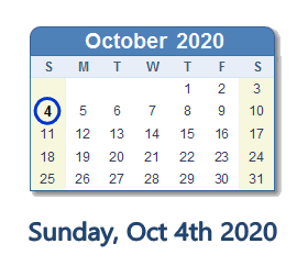 October 4, 2020 calendar