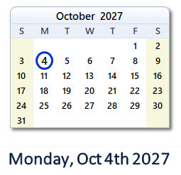 October 4, 2027 calendar