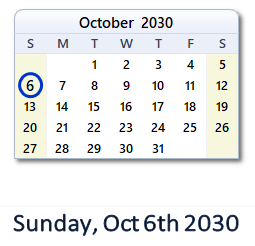 October 6, 2030 calendar
